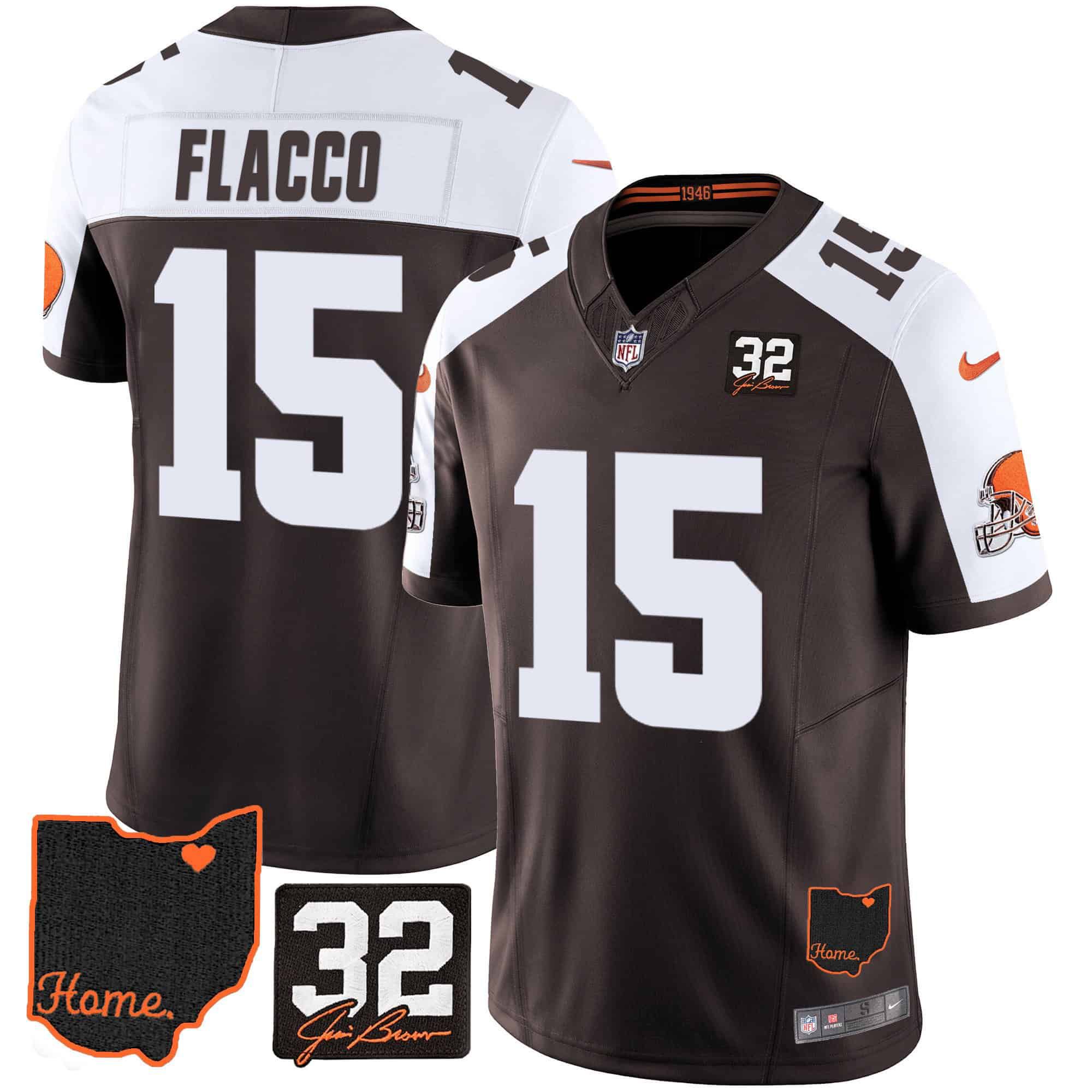Men Cleveland Browns #15 Flacco Brown Memorial Home Patch 2024 Nike NFL Jersey